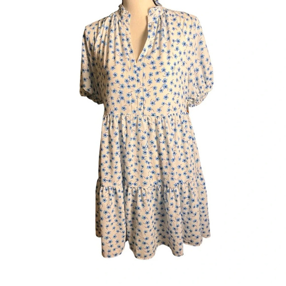 CeCe Womens Blue Floral Babydoll Puff Sleeve Dress Size S Tiered skirt Vacation - Picture 3 of 13